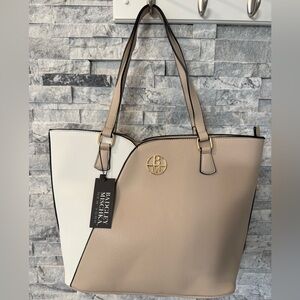 Badgley Mischka Two-Tone Beige and Cream Tote with Dust Cover